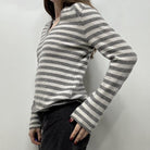 Femboy in v neck gray and white striped pullover