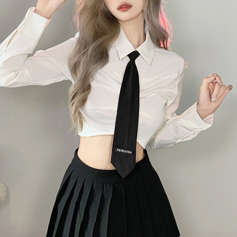 White Cinch Waist Crop Shirt Long Sleeve - Femboy Fashion