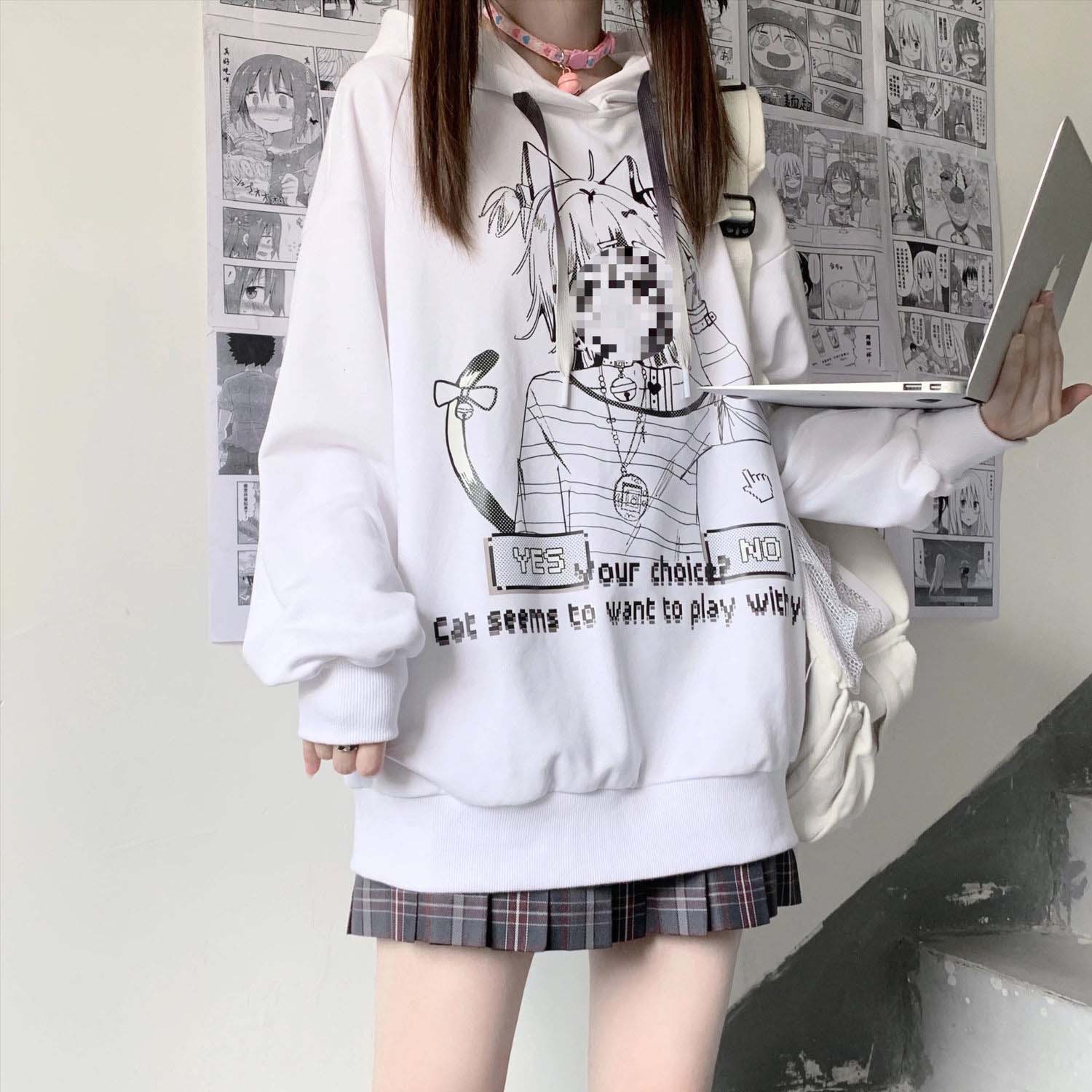 Femboy in white femboy anime print oversize hoodie