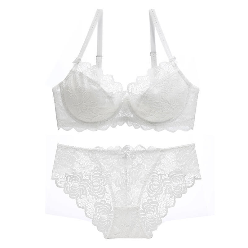 Femboy in white sexy sheer floral lace bra and panty set