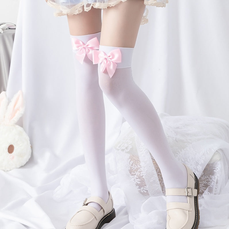 femboy in white solid thigh highs with bow