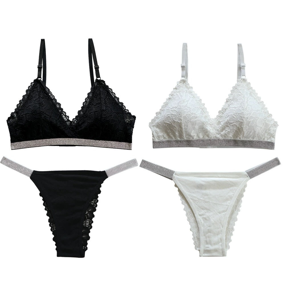 Femboy Lace Panties And Bra Set White And Black - Femboy Fashion