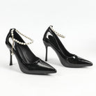 Femboy black pearl ankle strap pointy toe slip-on pumps