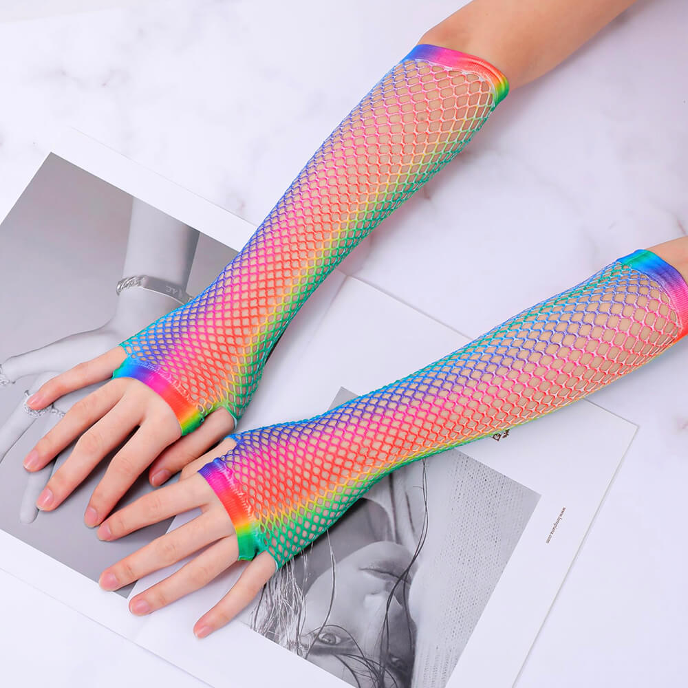 Femboy Rainbow Fishnet Gloves - Femboy Fashion