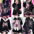 Collage of pastel gothic outfits with various designs and colors.