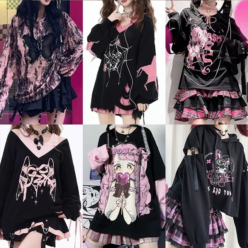 Collage of pastel gothic outfits with various designs and colors.