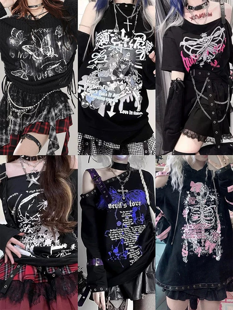 Collage of pastel gothic fashion with black clothing, graphic designs, and plaid accents.