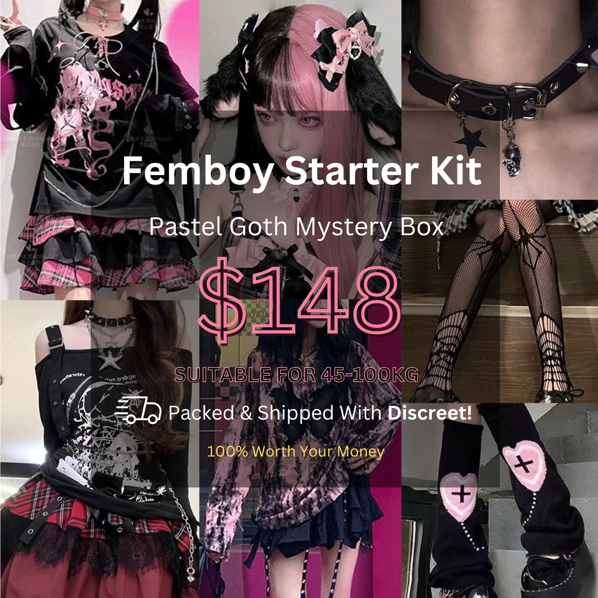 Collage of gothic fashion items with text for a 'Femboy Starter Kit' mystery box.