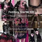 Collage of gothic fashion items with text for a 'Femboy Starter Kit' mystery box.