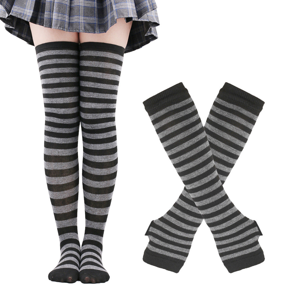 Femboy striped thigh highs and arm warmers set black and gray