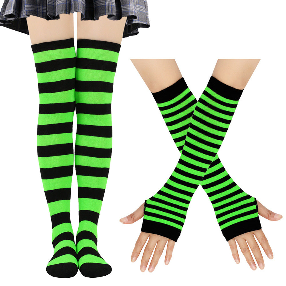 Femboy striped thigh highs and arm warmers set black and green