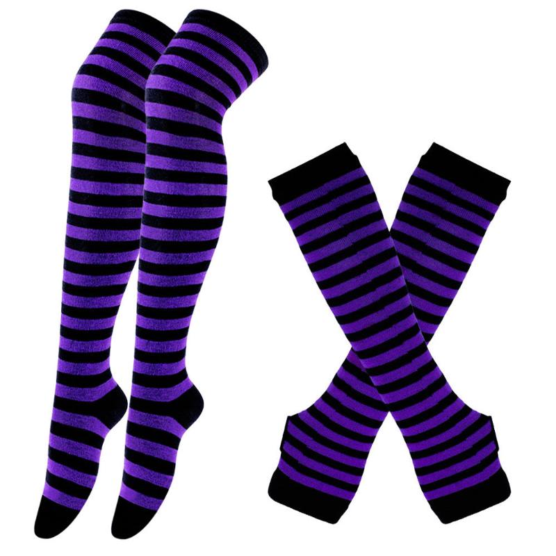 Femboy striped thigh highs and arm warmers set black and purple