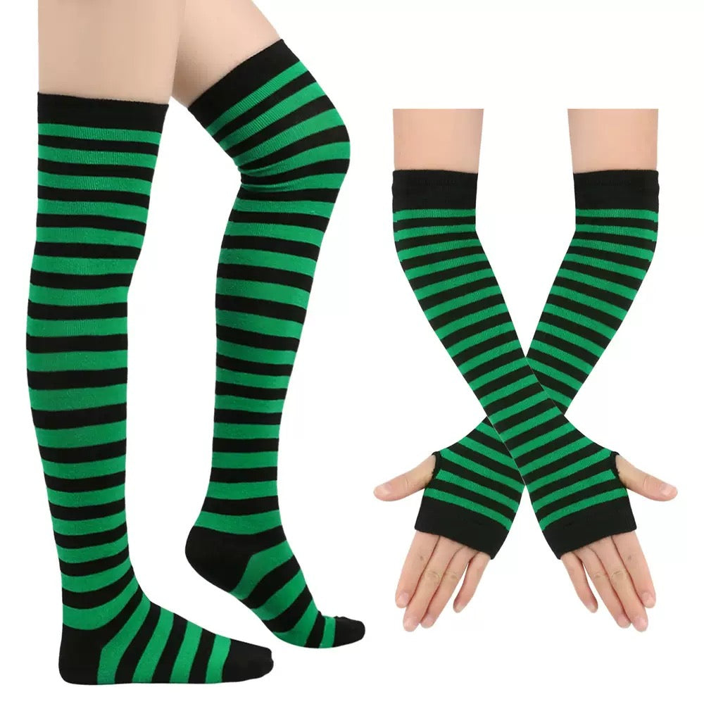 Femboy striped thigh highs and arm warmers set green and black