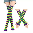 Striped knee-high socks and arm warmers in purple, green, and yellow on a white background.
