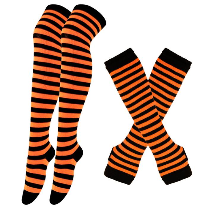 Femboy striped thigh highs and arm warmers set orange and black