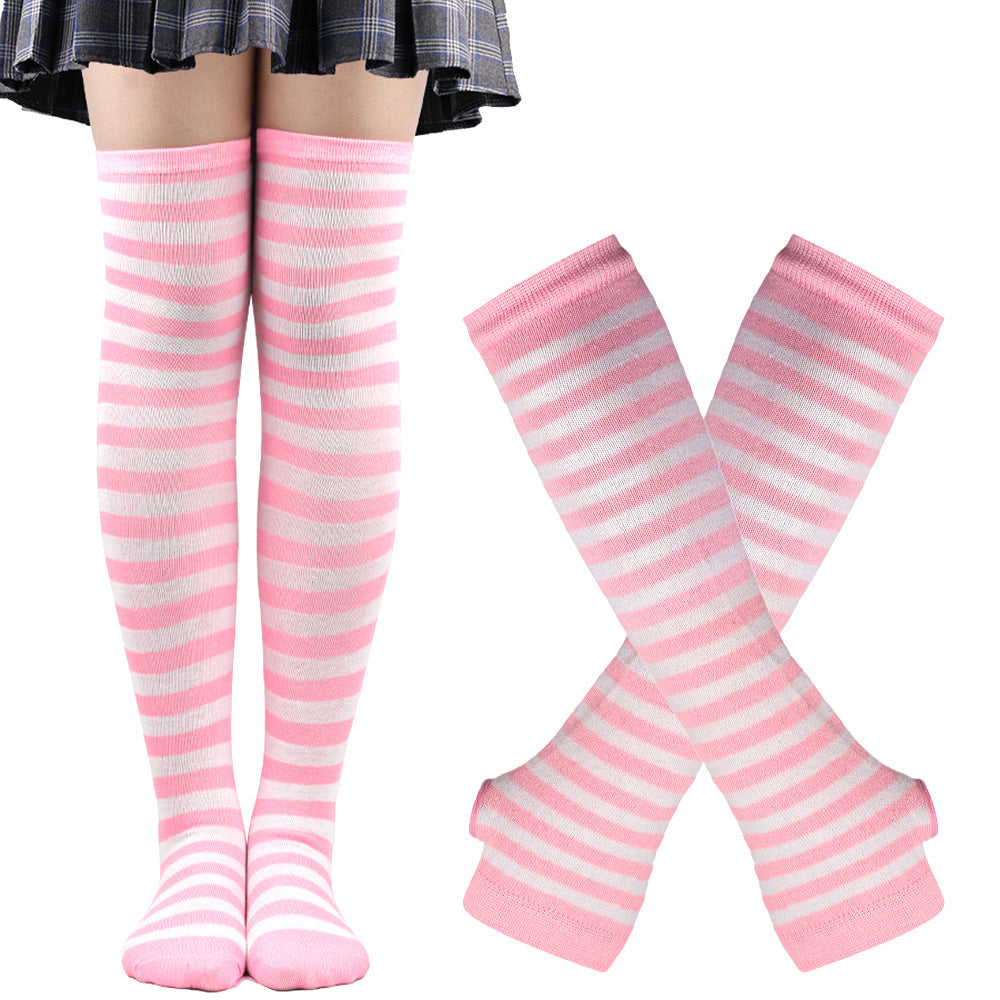 Femboy striped thigh highs and arm warmers set pink and white