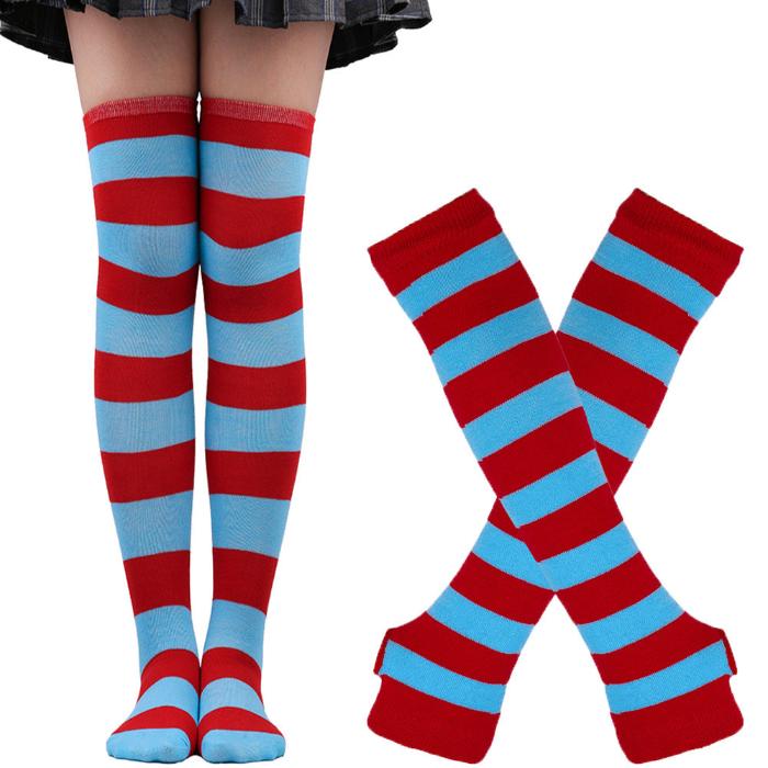 Femboy striped thigh highs and arm warmers set red and blue