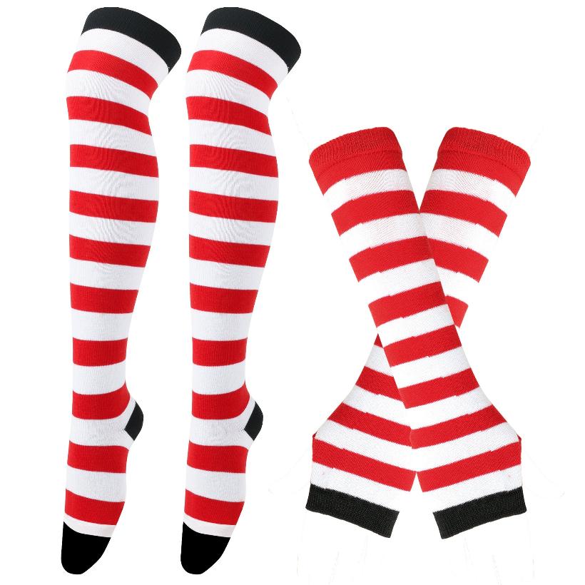 Femboy striped thigh highs and arm warmers set red white black