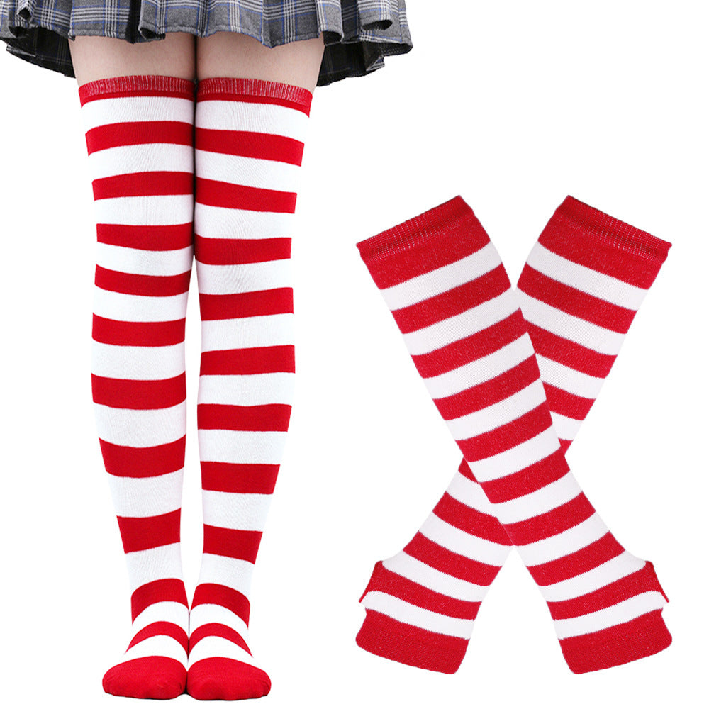 Femboy striped thigh highs and arm warmers set white and red