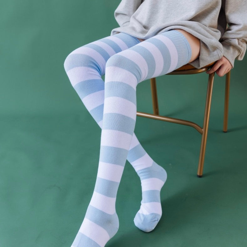 Femboy wear a 80cm extra long blue and white striped thigh high socks