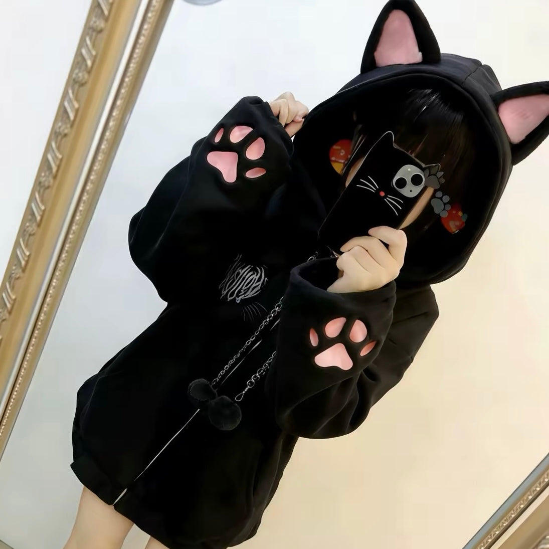 Femboy wear a black cat crop hoodie with ears