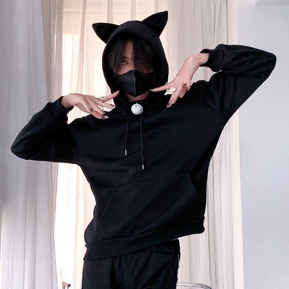 Femboy wear a black cat ear oversize hoodies