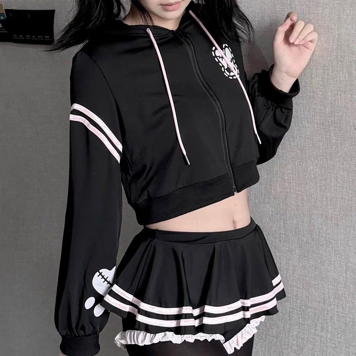 Femboy in crop hoodie and mico skirt set