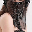 Femboy wear a black gothic half face veil mask with chain