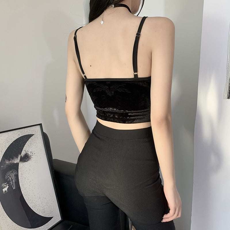 Goth femboy wear a black gothic velvet camisole crop top back