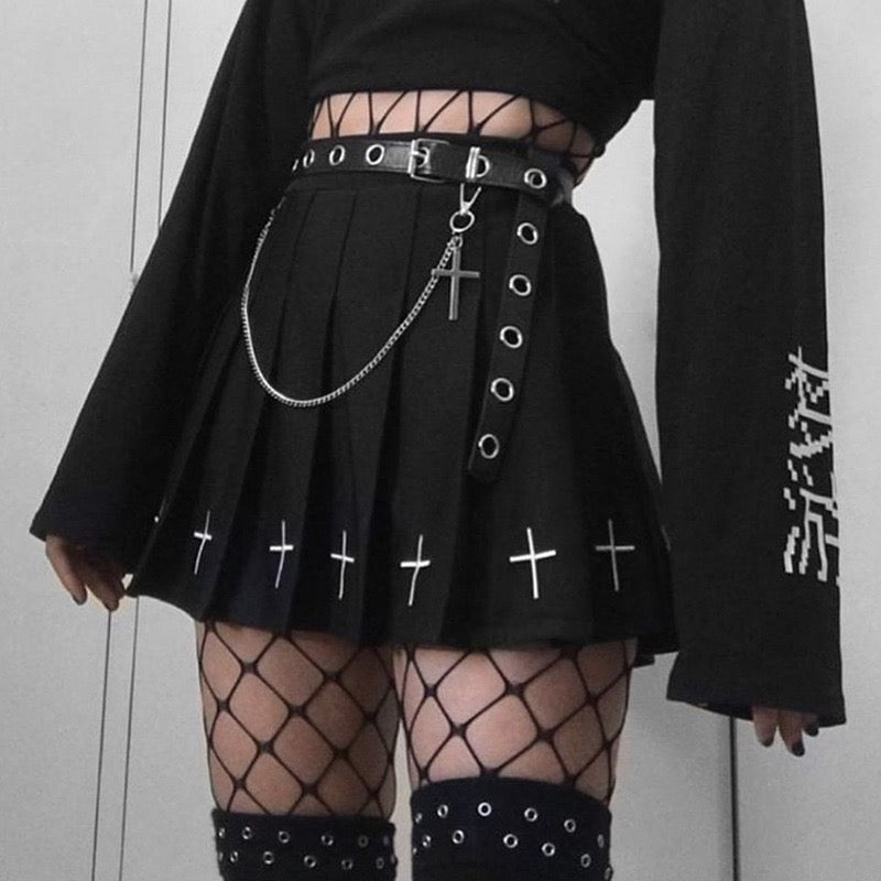 Femboy In Black Pleated Skirt With Cross - Femboy Fashion