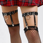 Femboy wear a pair black punk leather garters with o-ring