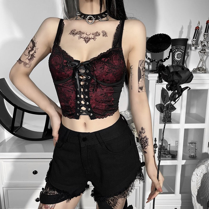 Goth femboy in black red sexy gothic camisole top