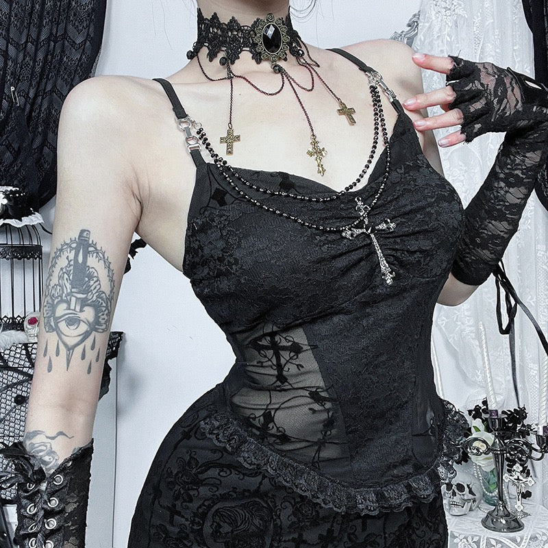 Femboy wear a black sexy gothic camisole top
