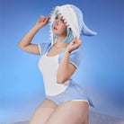 Femboy wear a blue and white kawaii shark bodysuit