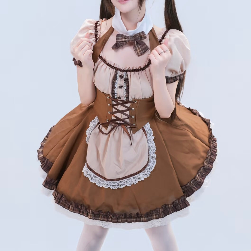 Femboy wearing a brown and beige maid outfit on a light blue background
