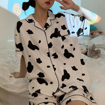 Femboy Cow Print Pajama Set (Short Sleeve Top & Shorts)
