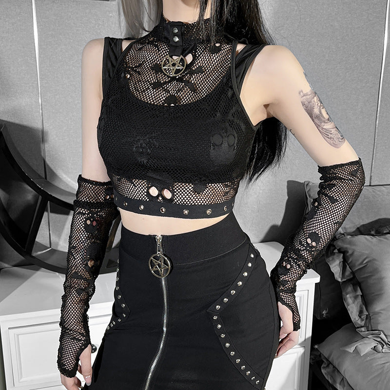 Gothic Femboy Wear A Gothic Skull Black Sleeveless Crop Top With Black Skirt - Femboy Fashion