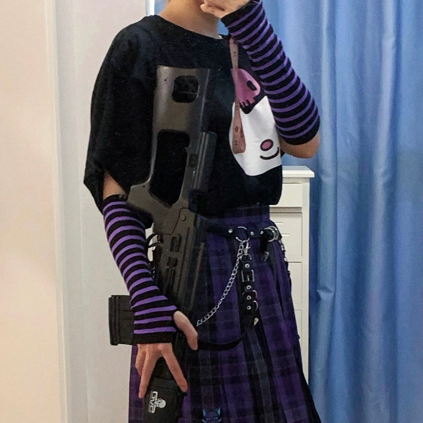 Femboy Wear Purple Skirt With Black And Purple Striped Arm Warmers - Femboy Fashion