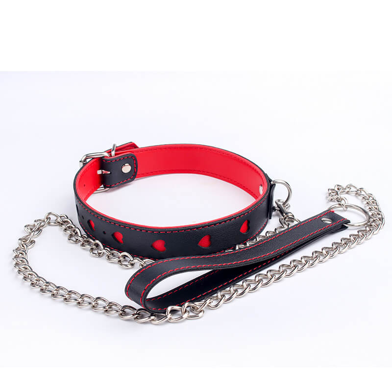 Femboy wear black and red leather collar with chain for femboy