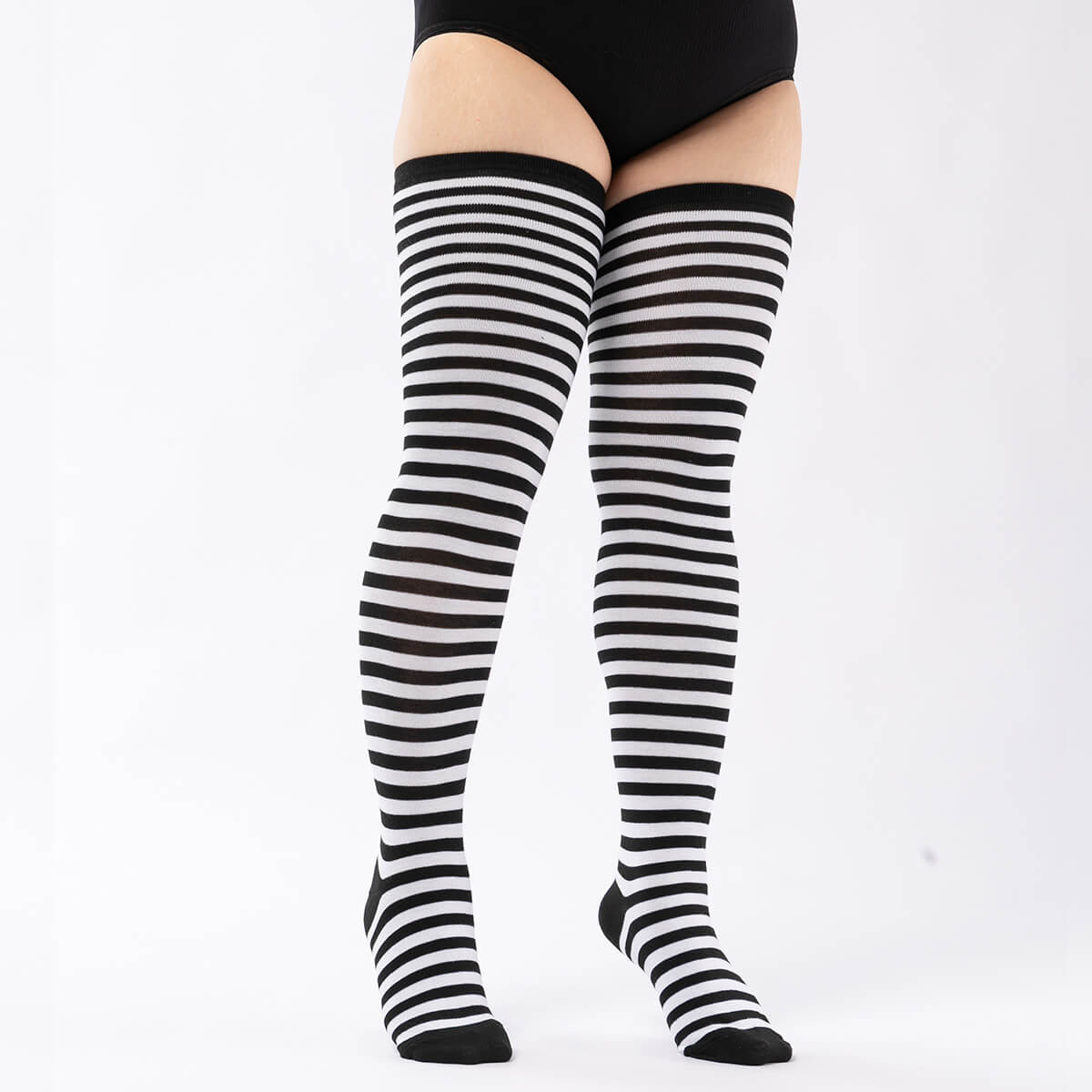 Femboy wear black and white striped oversized pinstripe thigh high socks side