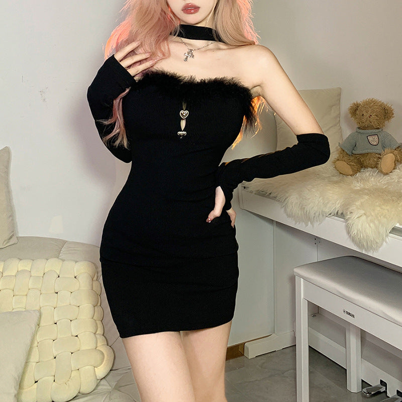 Femboy wear black blackless mini dress with gloves femboy fashion