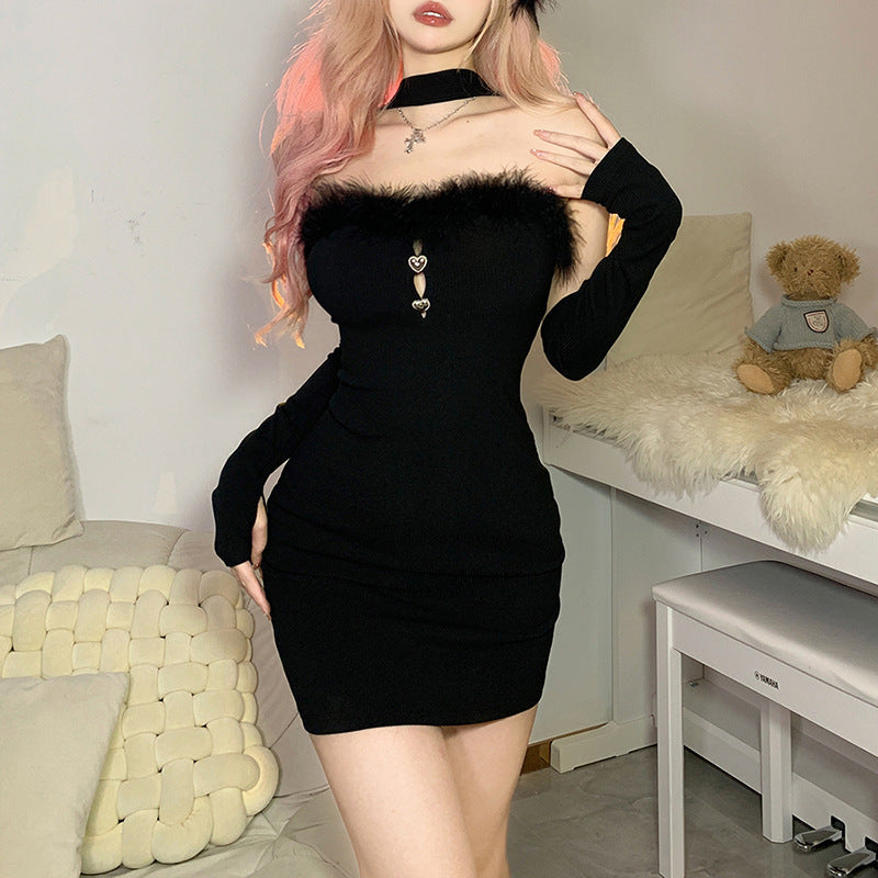 Femboy wear black blackless mini dress with gloves