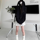 Femboy wear black white bunny ear hoodie with white skirt