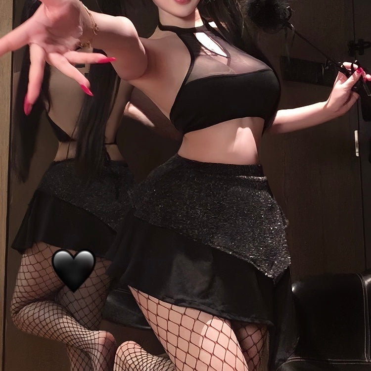 Femboy wear black cutout halter top and skirt lingerie set back