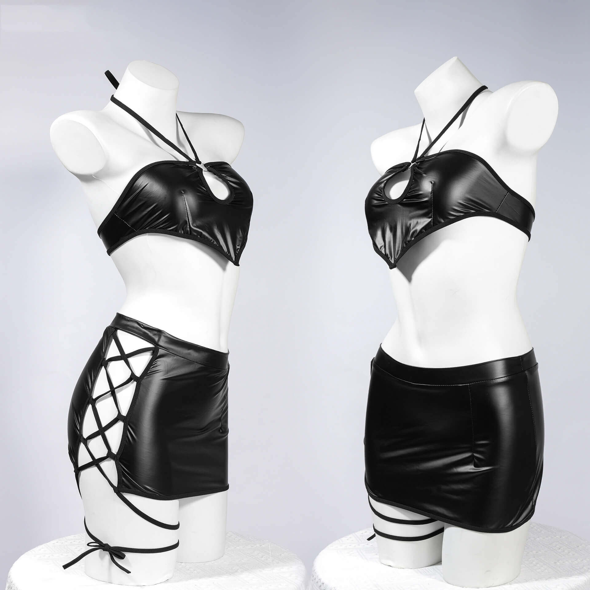 Femboy wear black cutout halter top and skirt lingerie set for femboy