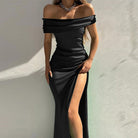 Femboy wear black elegant off the shoulder prom dress with slit