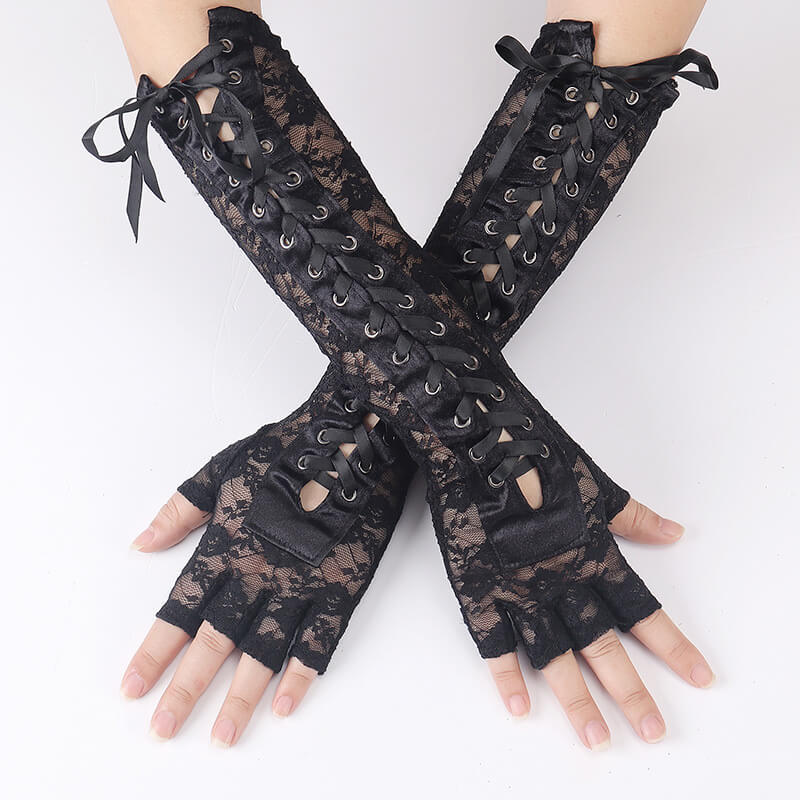 Femboy wear black gothic lace up half finger lace gloves