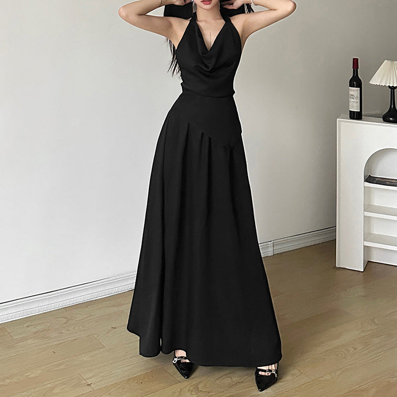 Femboy wear black halter backless maxi dress