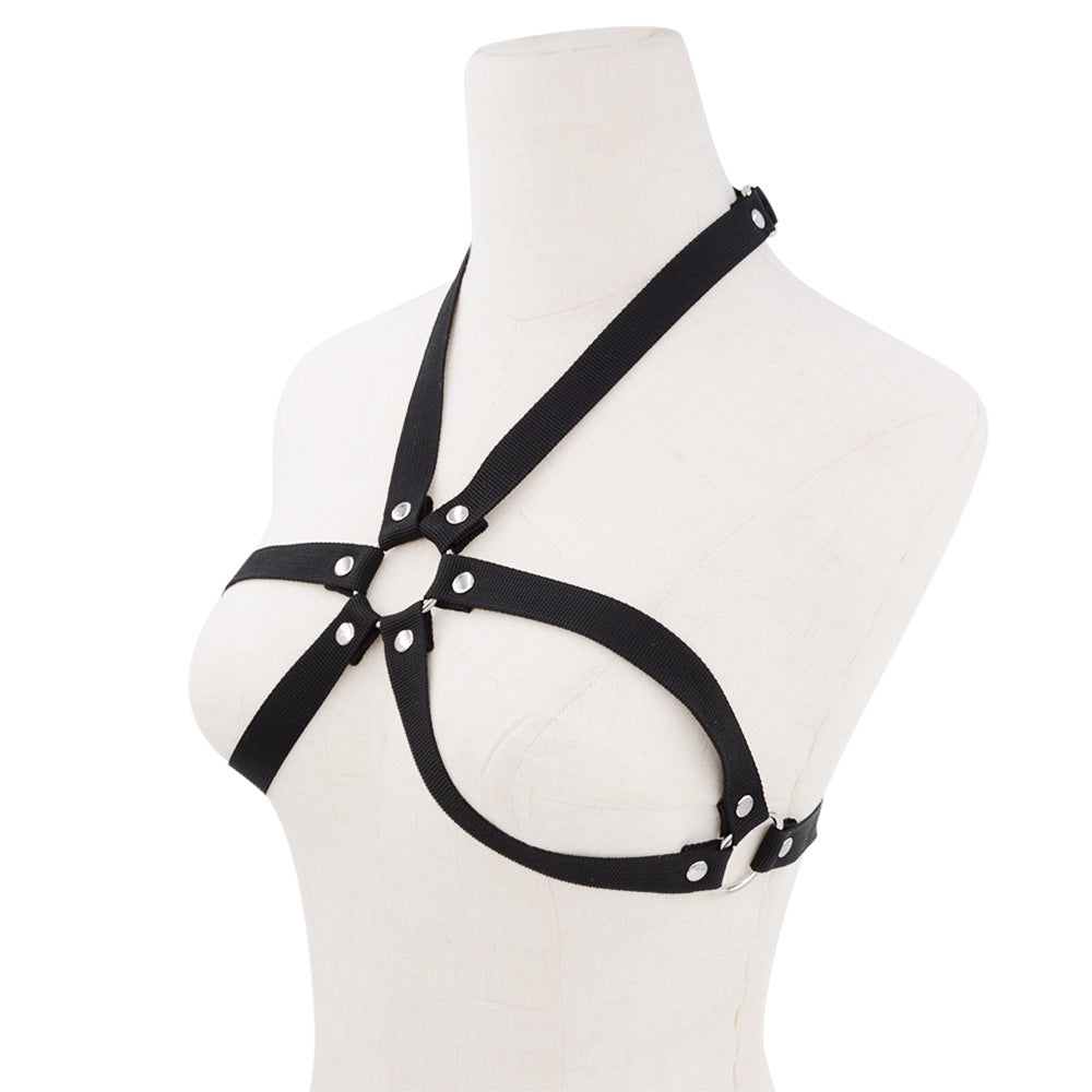 Femboy wear black harness cage bra side