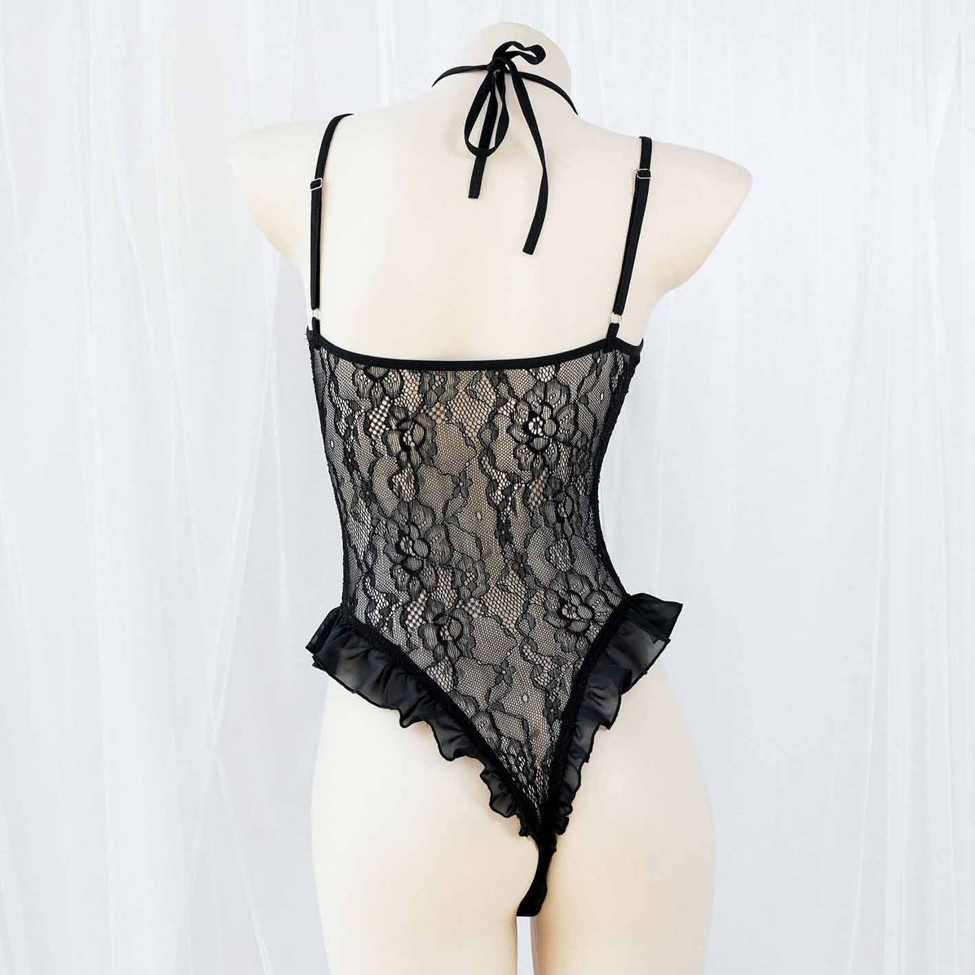 Femboy wear black lace translucent bodysuit lingerie back